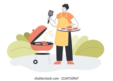 Smiling cartoon man cooking meat on grill. Male person grilling stakes or shashliks flat vector illustration, BBQ. Outdoor activities, food concept for banner, website design or landing web page