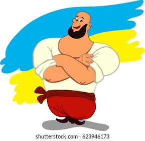 Smiling cartoon man cossack in Ukrainian traditional clothes. Ukrainian flag in background. Separate layers. Vector illustration. Cartoon style