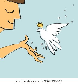 caricatura sonriente cara de hombre y paloma blanca. Concepto de paz y amor. Dibujo de doodle con mano pacífico