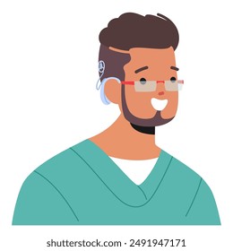 Hombre Sonriente De Dibujos Animados Con Un Audífono, Con Gafas De Borde Rojo Y Una Camisa Verde. La Imagen De Vector Representa La Positividad, La Accesibilidad Y La Tecnología De Asistencia Para Las Personas Con Deficiencias Auditivas