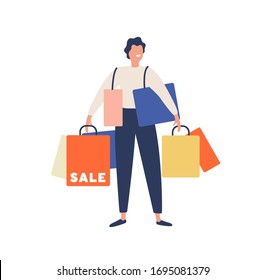 Smiling cartoon man holding heap of shopping bag enjoy discount vector flat illustration. Happy colored guy standing with package during sale isolated on white background. Positive shopaholic male