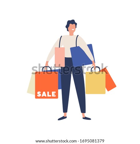Smiling cartoon man holding heap of shopping bag enjoy discount vector flat illustration. Happy colored guy standing with package during sale isolated on white background. Positive shopaholic male