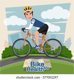  Smiling cartoon man riding on a bike with Park Background . sport and exercise