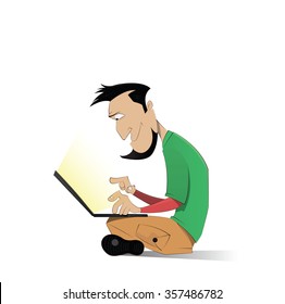 Hombre sonriente de la historieta mirando y trabajando en el ordenador portátil. Ilustración en capas de Vector