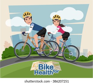 Smiling cartoon man and woman riding on a bike with park background. Flat style.