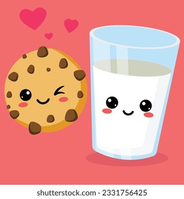 smiling cartoon milk glass and chocolate chip cookies vector character illustration