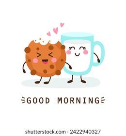 Smiling cartoon milk glass and chocolate chip cookies, good morning, vector illustration
