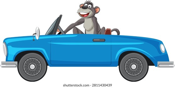 Smiling cartoon monkey drives blue convertible, side view, flat vector style, white background