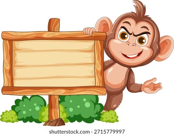 Smiling cartoon monkey gestures beside empty wooden sign, green bushes, bright vector illustration