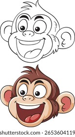 Caricatura sorridente cabeça de macaco em contorno preto e branco e cor cheia, criado em um estilo de arte vetorial limpo e arrojado
