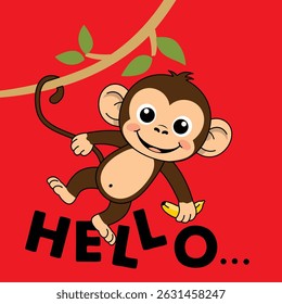 Smiling cartoon monkey holding banana and waving hello while swinging from jungle vine on red background. Children greeting concept
