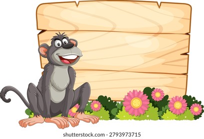 Smiling cartoon monkey sits beside blank wooden sign, surrounded by pink flowers and greenery