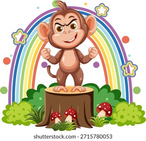 Smiling cartoon monkey stands on stump, surrounded by mushrooms, rainbow, and colorful foliage