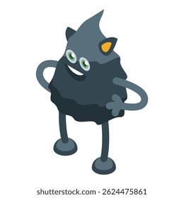 Smiling, cartoon monster character is posing with its hands on its hips