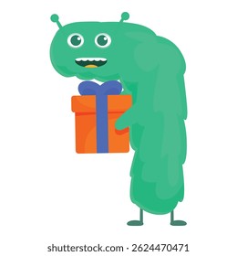 Smiling cartoon monster is holding a gift wrapped present with a blue ribbon