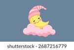 Smiling Cartoon Moon with Nightcap on Pink Cloud – Cute Sleepy Character Illustration