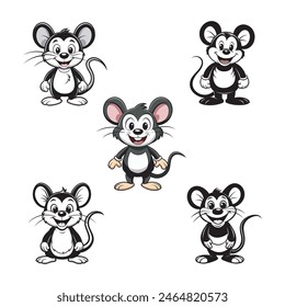 smiling cartoon mouse silhouette black different style vector illustration  on white background