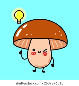 Smiling cartoon mushroom winking, light bulb glowing above head, illuminating creative moment against soft blue backdrop