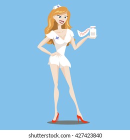 smiling cartoon nurse holding a tablet can. health. vector illustration