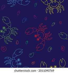 Smiling cartoon outline crab with big claws seamless pattern vector illustration.