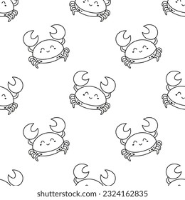 smiling cartoon outline crab with big claws seamless pattern, vector illustration with black crustacean isolated on the white background, wallpaper or textile design