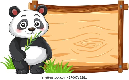 Lächelnder Cartoon-Panda mit Bambus neben einem leeren Holzschild, helle Farben, Vektorstil