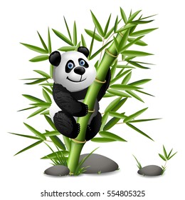 Smiling cartoon panda hanging on bamboo. Vector clip art illustration.