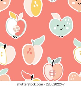 Smiling cartoon peaches stickers on pink background. Vector illustration of fruit characters for kitchen or nursery. Seamless pattern with cute food for use on textile or fabric