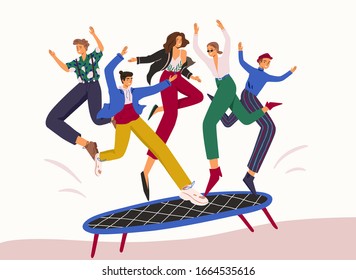 Smiling cartoon people jumping on trampoline flat vector illustration. Colorful man and woman rejoicing together having fun isolated on white. Concept of positive experience, teamwork and friendship