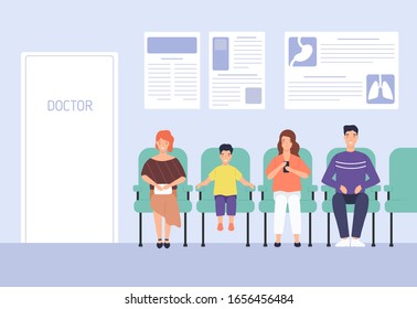 Smiling cartoon people sitting on chairs waiting doctor appointment at hospital vector flat illustration. Man, woman and child at modern clinic. Colorful visitors at physician office