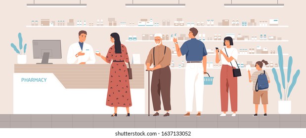 Smiling cartoon pharmacist and clients in counter at pharmacy vector flat illustration. Different positive people standing in queue at drugstore. Colored customers characters buying medicines