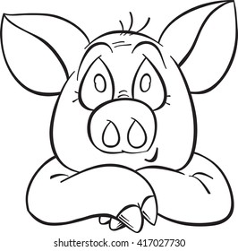 smiling cartoon pig contour, vector, isolated on white