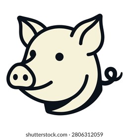 Smiling cartoon pig face with black outline and ears perked up one side icon