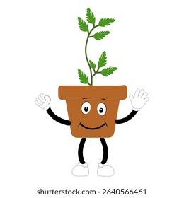 Smiling cartoon plant in pot with arms and legs, isolated plant potted sticker with cute face walking, funny psychedelic floral mascot with green leaf and smile, plant with arms and legs