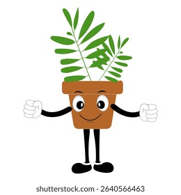 Smiling cartoon plant in pot with arms and legs, isolated plant potted sticker with cute face walking, funny psychedelic floral mascot with green leaf and smile, plant with arms and legs