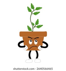 Smiling cartoon plant in pot with arms and legs, isolated plant potted sticker with cute face walking, funny psychedelic floral mascot with green leaf and smile, plant with arms and legs