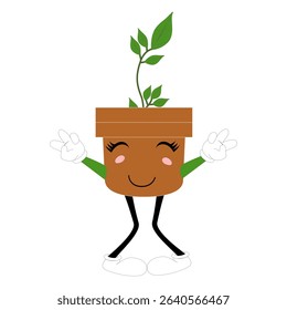 Smiling cartoon plant in pot with arms and legs, isolated plant potted sticker with cute face walking, funny psychedelic floral mascot with green leaf and smile, plant with arms and legs