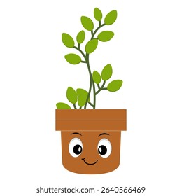 Smiling cartoon plant in pot with arms and legs, isolated plant potted sticker with cute face walking, funny psychedelic floral mascot with green leaf and smile, plant with arms and legs
