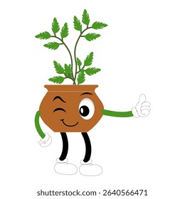 Smiling cartoon plant in pot with arms and legs, isolated plant potted sticker with cute face walking, funny psychedelic floral mascot with green leaf and smile, plant with arms and legs