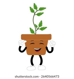 Smiling cartoon plant in pot with arms and legs, isolated plant potted sticker with cute face walking, funny psychedelic floral mascot with green leaf and smile, plant with arms and legs