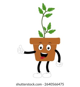 Smiling cartoon plant in pot with arms and legs, isolated plant potted sticker with cute face walking, funny psychedelic floral mascot with green leaf and smile, plant with arms and legs