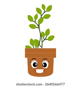 Smiling cartoon plant in pot with arms and legs, isolated plant potted sticker with cute face walking, funny psychedelic floral mascot with green leaf and smile, plant with arms and legs