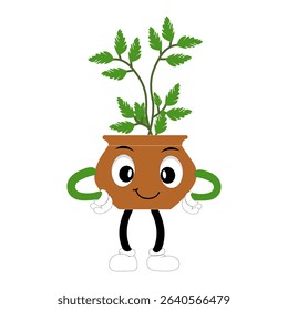 Smiling cartoon plant in pot with arms and legs, isolated plant potted sticker with cute face walking, funny psychedelic floral mascot with green leaf and smile, plant with arms and legs