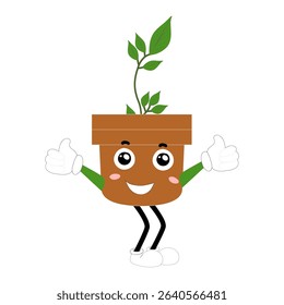 Smiling cartoon plant in pot with arms and legs, isolated plant potted sticker with cute face walking, funny psychedelic floral mascot with green leaf and smile, plant with arms and legs
