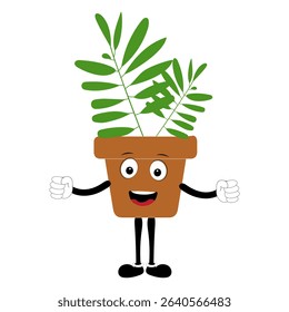 Smiling cartoon plant in pot with arms and legs, isolated plant potted sticker with cute face walking, funny psychedelic floral mascot with green leaf and smile, plant with arms and legs