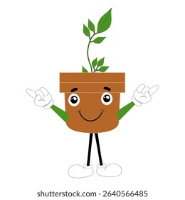 Smiling cartoon plant in pot with arms and legs, isolated plant potted sticker with cute face walking, funny psychedelic floral mascot with green leaf and smile, plant with arms and legs