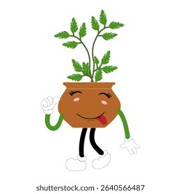 Smiling cartoon plant in pot with arms and legs, isolated plant potted sticker with cute face walking, funny psychedelic floral mascot with green leaf and smile, plant with arms and legs