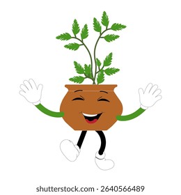 Smiling cartoon plant in pot with arms and legs, isolated plant potted sticker with cute face walking, funny psychedelic floral mascot with green leaf and smile, plant with arms and legs