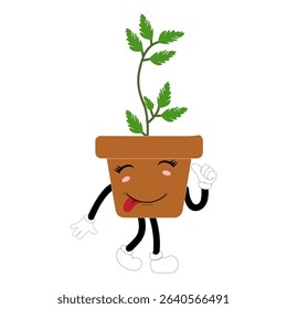 Smiling cartoon plant in pot with arms and legs, isolated plant potted sticker with cute face walking, funny psychedelic floral mascot with green leaf and smile, plant with arms and legs