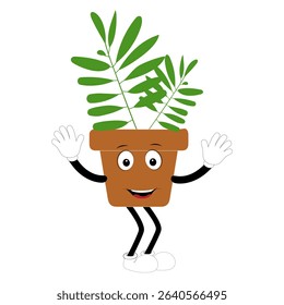 Smiling cartoon plant in pot with arms and legs, isolated plant potted sticker with cute face walking, funny psychedelic floral mascot with green leaf and smile, plant with arms and legs